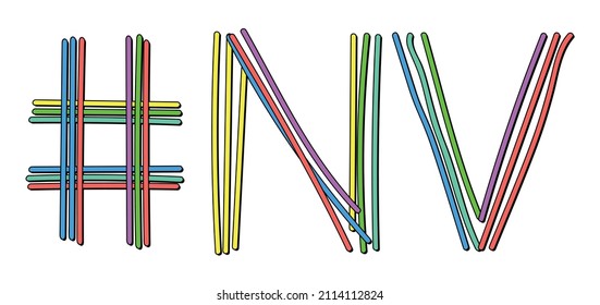 NV Hashtag. Isolate neon doodle lettering text from multi-colored curved neon lines like from a felt-tip pen, pensil. #NV is abbreviation for the US America state Nevada for banner, social network