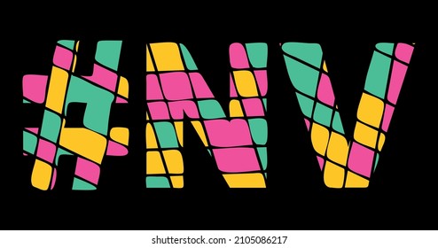 NV Hashtag. Tricolor isolated letters from contrast flowing fluid shapes. 3 colored Hashtag #NV is abbreviation for the US American state Nevada for social network, web resources, mobile app