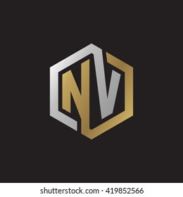 NV initial letters looping linked hexagon elegant logo golden silver black background
