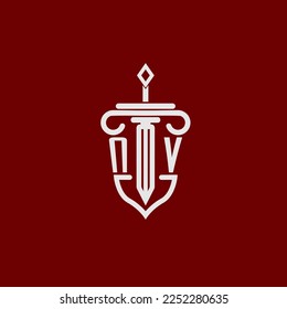 NV initial logo monogram design for legal lawyer vector image with sword and shield