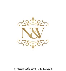 N&V Initial logo. Ornament ampersand monogram golden logo