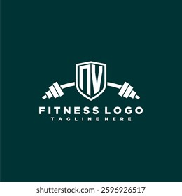 NV initial monogram for fitnes or gym logo with creative shield and barbell design
