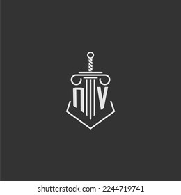 Firma de ley de monograma inicial de NV con diseño de logotipo de espada y pilar