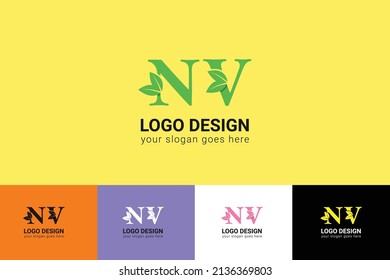 NV letters eco logo with leaf. Vector typeface for nature posters, eco friendly emblem, vegan identity, herbal and botanical cards etc. Ecology NV letters logo with leaf.