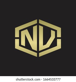 NV Logo monogram with hexagon shape and piece line rounded design tamplate on gold colors