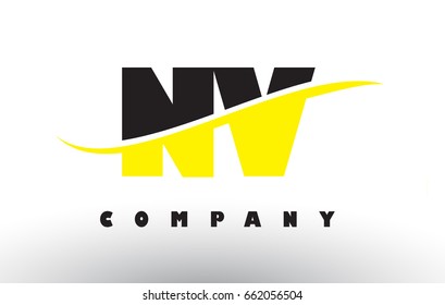 NV N V  Black and Yellow Letter Logo with White Swoosh and Curved Lines.