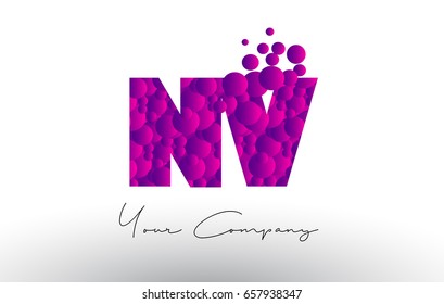 NV N V Dots Letter Logo with Purple Pink Magenta Bubbles Texture Vector.