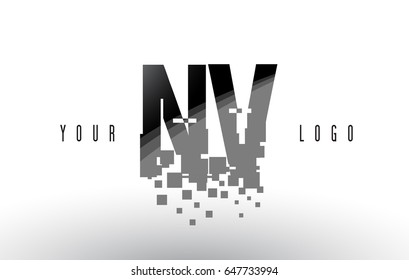 NV N V Pixel Letter Logo with Digital Shattered Black Squares. Creative Letters Vector Illustration.