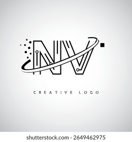 Logotipo de Monograma de Órbita NV - Marca de Letra Mínima Futurista com Linha de Arte Circular, Pontos Inspirados na Tecnologia e Conceito de Movimento Espacial para Identidade de Marca Moderna