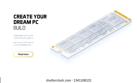 NVME Express M.2 memory realistic 3d isometric illustration, personal computer hardware components, custom gaming and workstation accessories, pc store and service