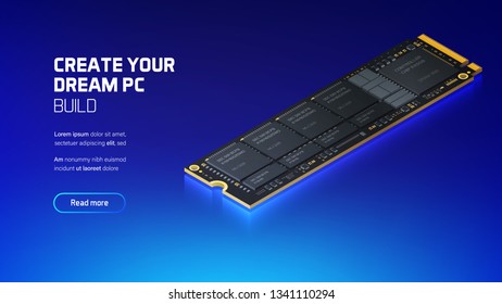 NVME Express M.2 memory realistic 3d isometric illustration, personal computer hardware components, custom gaming and workstation accessories, pc store and service