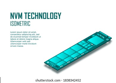 NVME Express M.2 memory realistic 3d isometric illustration, random access memory, personal computer hardware component, custom gaming and workstation accessories, vector illustration.