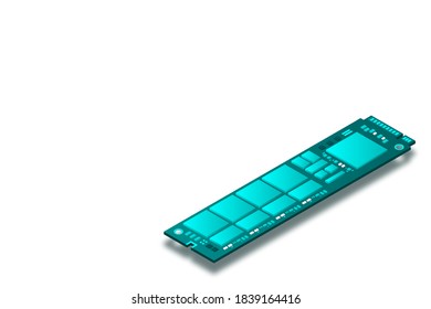 NVME Express M.2 memory realistic 3d isometric illustration, random access memory, personal computer hardware component, custom gaming and workstation accessories, vector illustration.