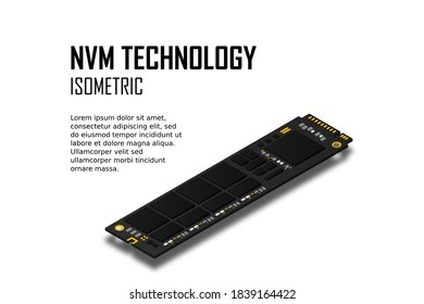 NVME Express M.2 memory realistic 3d isometric illustration, random access memory, personal computer hardware component, custom gaming and workstation accessories, vector illustration.
