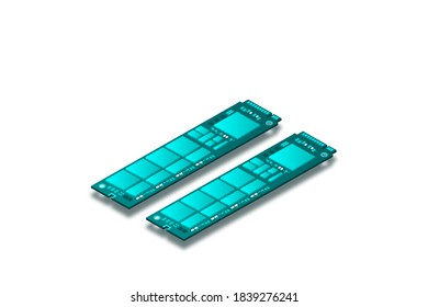 NVME Express M.2 memory realistic 3d isometric illustration, random access memory, personal computer hardware component, custom gaming and workstation accessories, vector illustration.