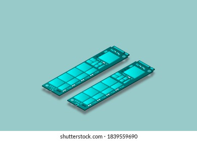 NVME Express M.2 memory realistic 3d isometric illustration, random access memory, personal computer hardware component, custom gaming and workstation accessories, vector illustration.