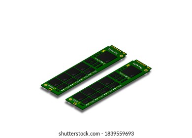 NVME Express M.2 memory realistic 3d isometric illustration, random access memory, personal computer hardware component, custom gaming and workstation accessories, vector illustration.