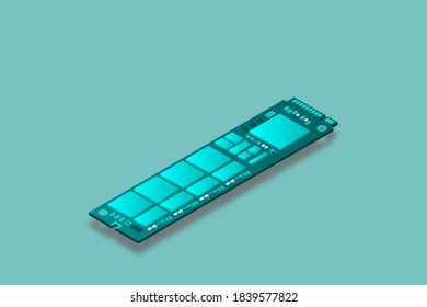 NVME Express M.2 memory realistic 3d isometric illustration, random access memory, personal computer hardware component, custom gaming and workstation accessories, vector illustration.