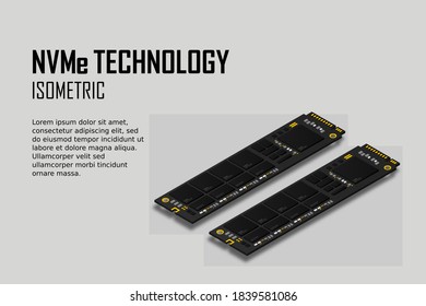NVME Express M.2 memory realistic 3d isometric illustration, random access memory, personal computer hardware component, custom gaming and workstation accessories, vector illustration.