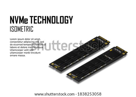 NVME Express M.2 memory realistic 3d isometric illustration, random access memory, personal computer hardware component, custom gaming and workstation accessories, vector illustration.