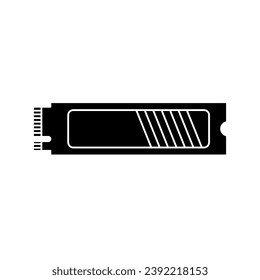 NVMe M.2 PCI-Express (PCI-E) Solid State Drive (SSD) in black fill silhouette icon. Vector illustration of computer peripheral in trendy style. Editable graphic resources for many purposes.