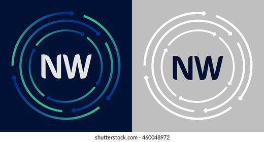 NW design template elements in abstract background logo, design identity in circle, letters business logo icon, blue/green alphabet letters, simplicity graphics