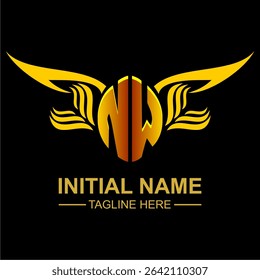 NW Golden Wing Emblem Logo with elegant gold wings, sleek and modern design. Ideal for branding, creative projects, luxury businesses, or artistic ventures.
