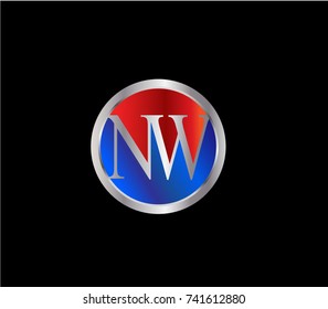 NW Letter logo Design in a circle. Blue Red and silver colored
