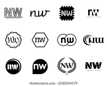 NW logo company template. Letter n and w logotype. Set different classic serif lettering and modern bold text with design elements. Initial font typography. Collection trendy business identity.