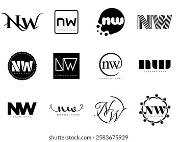 NW logo company template. Letter n and w logotype. Set different classic serif lettering and modern bold text with design elements. Initial font typography. Collection trendy business identity.