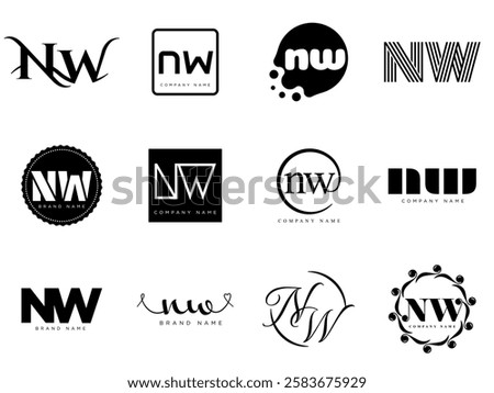 NW logo company template. Letter n and w logotype. Set different classic serif lettering and modern bold text with design elements. Initial font typography. Collection trendy business identity.