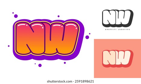 NW logo design for festival or party. Initial letter n and w in graffiti style. Creative modern lettering company name of font typography. Kids trendy logotype or identity. Vector illustration.