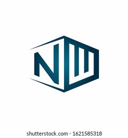 NW monogram logo with hexagon shape and negative space style ribbon design template
