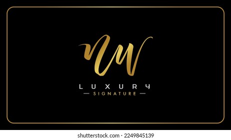 NW N W initials Handwriting signature logo. 
Brush typography. bold cursive letters N W, Golden. Gold. Isolated on black background.