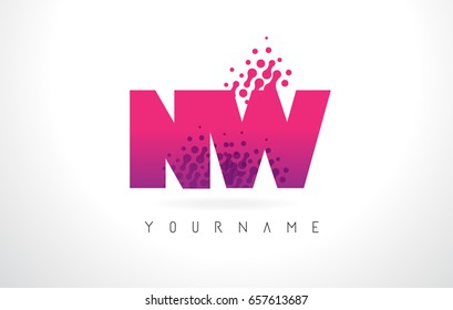 NW N W Letter Logo with Pink Letters and Purple Color Particles Dots Design.