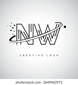 NW Orbit Monogram Logo – Futuristic Minimal Letter mark with Circular Line Art, Tech-Inspired Dots and Space Motion Concept for Modern Branding Identity