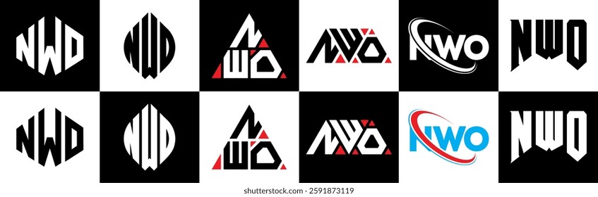 NWO letter logo design in six style. NWO polygon, circle, triangle, hexagon, flat and simple style with black and white color variation letter logo set in one artboard. NWO minimalist and classic logo