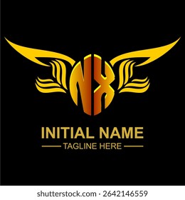 NX Golden Wing Emblem Logo with elegant gold wings, sleek and modern design. Ideal for branding, creative projects, luxury businesses, or artistic ventures.