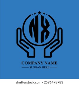 NX initials held within hands, symbolizing trust and protection. The circle represents unity, while stars highlight excellence and ambition.
