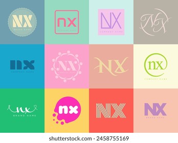 NX logo company template. Letter n and x logotype. Set different classic serif lettering and modern bold text with design elements. Initial font typography. Collection trendy business identity.