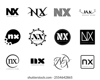 NX logo company template. Letter n and x logotype. Set different classic serif lettering and modern bold text with design elements. Initial font typography. Collection trendy business identity.