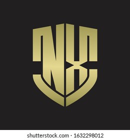 NX Logo monogram with emblem shield shape design isolated gold colors on black background