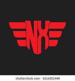 NX Logo monogram with emblem and wings element design template on red colors