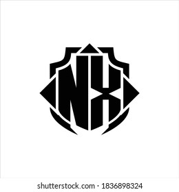 Monograma del logotipo NX con línea de protección y 3 flechas plantilla de diseño de forma sobre fondo blanco
