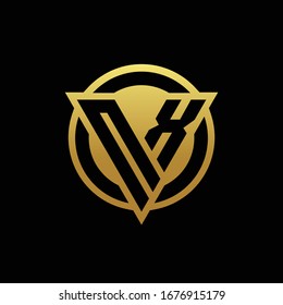 NX logo monogram with triangle shape and circle rounded style isolated on gold colors and black background design template