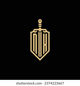 NX Vintage-Schild und Schwert-Erstlogo in hochwertigem professionellem Design, das gut auf allen Printmedien drucken kann