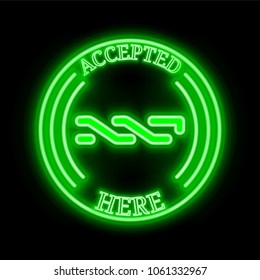 Nxt (NXT) green  neon cryptocurrency symbol in round frame with text "Accepted here". Vector illustration isolated on black background