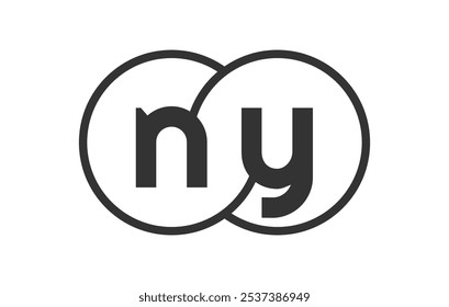 NY-Firmenemblem mit Umrissrunden und Buchstaben n y. Logo-Vorlage von zwei zusammengeführten Kreisen für Markenidentität, Logotyp. Vektor-Unendlichkeitssymbol und Technologiezeichen.