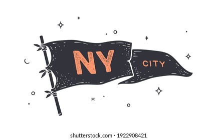 Nueva ciudad. Gráfico de la bandera. Antigua bandera de moda vintage con texto NY City para Nueva York, EEUU. Bandera de la vieja escuela vintage, estilo retro, ciudad de los Estados Unidos Nueva York. Ilustración vectorial