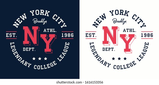 NY college league print for t-shirt design. New York, Brooklyn typography graphics for college apparel. Vector illustration.